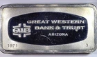 1971, Franklin Mint, Great Western Bank & Trust, AZ  1000 Grains Solid Siver Bar