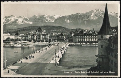 Luzern, Switzerland Lake Bridge, Train Station with Alps 1950 Original RPPC