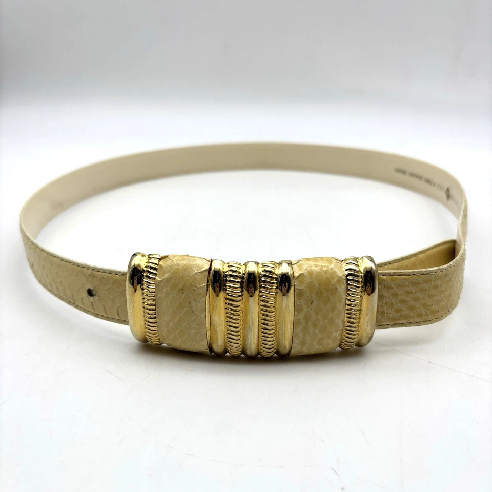 Cinturón con hebilla dorada de cuero genuino crema tienda cuero de serpiente vintage años 80 L 34" Foto 4 de 4