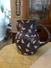Studio Art Pottery Blue W/ White Triangle Pitcher signed - Excellent