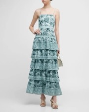 Alice + Olivia Valencia Floral 100% Cotton Tiered Midi Dress Size 2