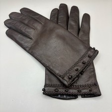 VTG Leather Gloves Sz 7 Brown Knit Fabric Lined Unbranded Braided Embellished