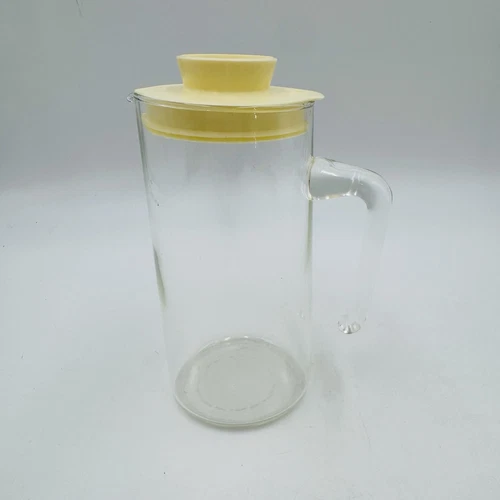 Vintage Pyrex Glass Pitcher Jug Yellow Lid 7 Inch Tall 4.5 Inch Wide Made USA
