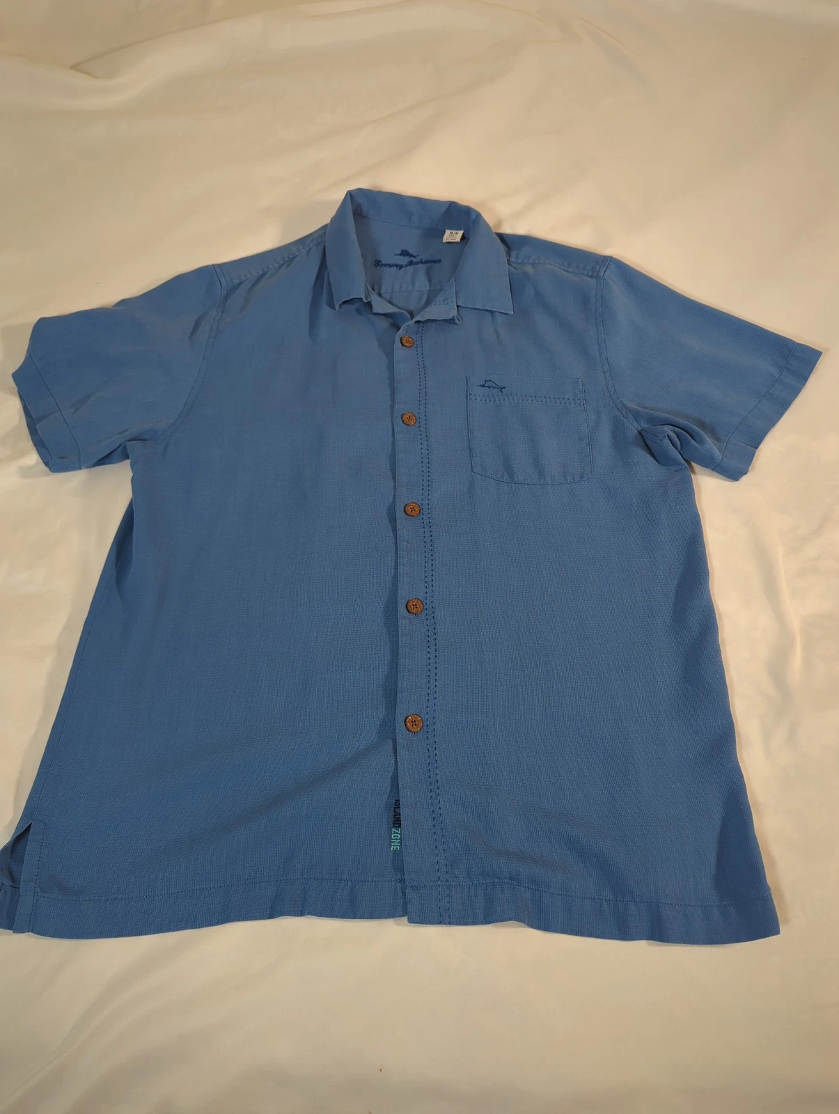 Tommy Bahama Men's Medium Blue Island Zone Silk Blend Short Sleeve Button