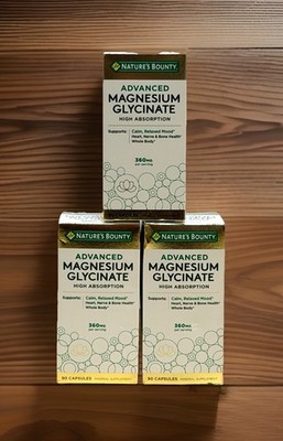 3 Pack Nature's Bounty High Absorption Magnesium Glycinate 360mg. 270 Caps 06/28