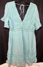 Wishlist Apparel Lace Insert Teal Dress Size Large NEW Bohemian Ruffle V Neck