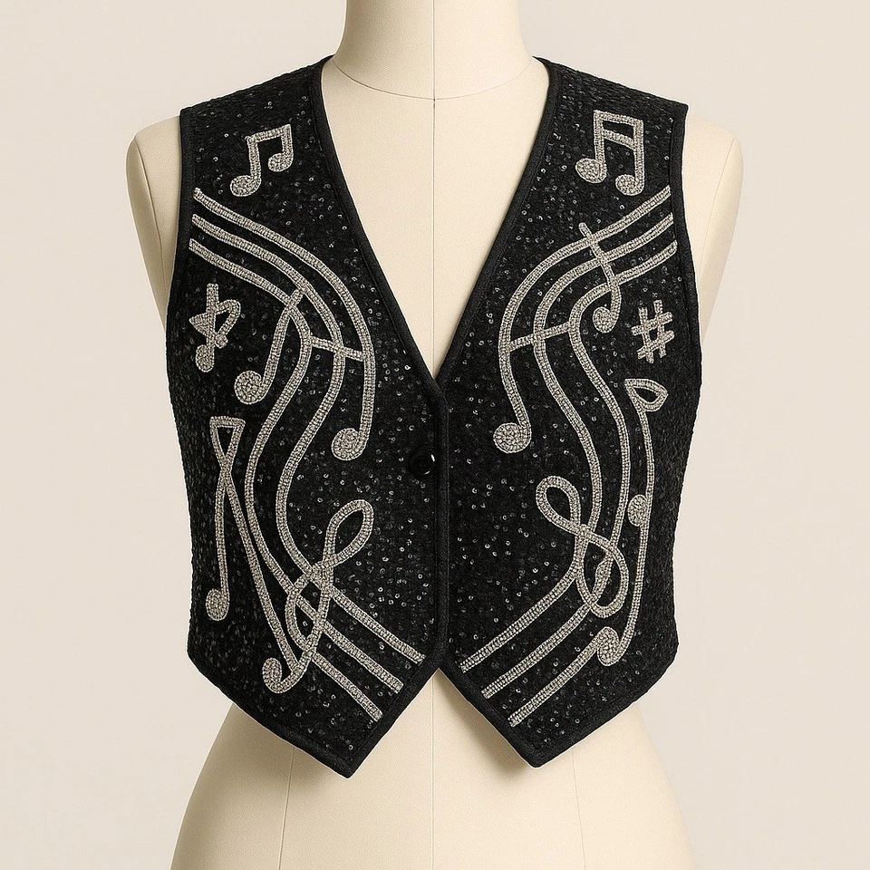 Vintage Sequin Music Note Vest S NWT Fashion Fantasy 80s - Image 2 of 4