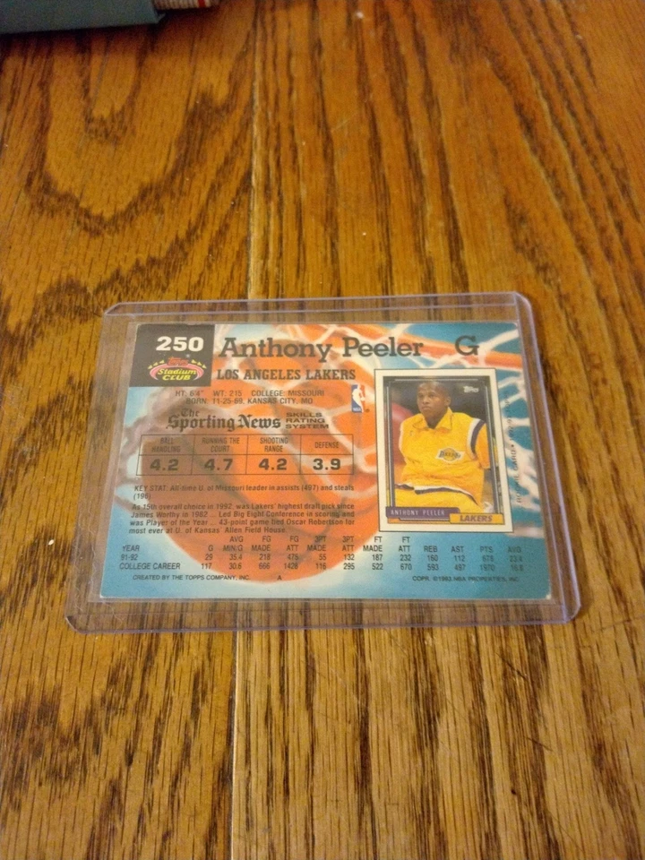 1993 Topps Anthony Peeler #250 Draft Pick Los Angeles Lakers Basketball Card - Image 2 of 2