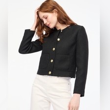 J Crew Black Tweed Lady Jacket Cropped Size 4P Gold Buttons Pockets Preppy Women