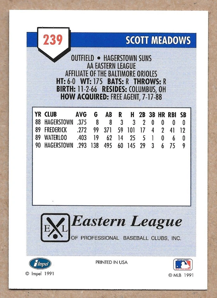 1991 Line Drive AA #239 Scott Meadows Hagerstown Suns - Image 2 of 2
