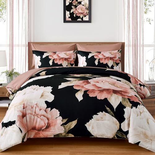 Black Comforter Set 7 Piece Bed in a Bag, Pink Floral Printed Queen Pink Black