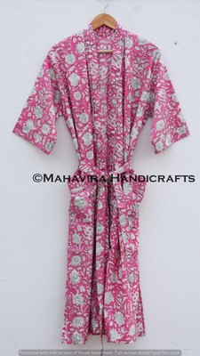Women 100% Cotton Floral Print Pink Lingerie Night Gown Sleepwear Kimono Robe