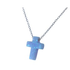 Blue Created Opal Cross Pendant Necklace in 925 Sterling Silver Chain 16+2"