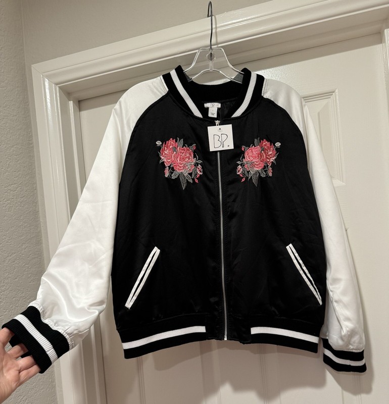 NWT! BP Satin Baseball Jacket Pockets Black & White with Red Roses, Size Large