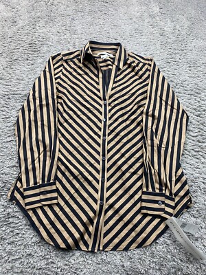 Foxcroft Top Women 4 Heritage Almond Striped Shaped Button Up Shirt Blouse NWT
