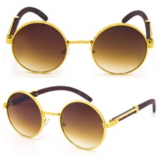 Men Classy Sophisticated Elegant Retro Style SUN GLASSES Round Gold & Wood Frame