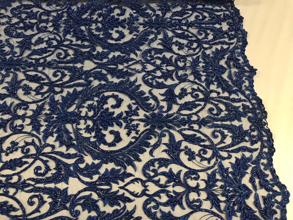ROYAL BLUE PRINCESS DESIGN EMBROIDERY WITH HEAVY BEADS ON A MESH-SOLD BY YARD. - Image 4 of 4