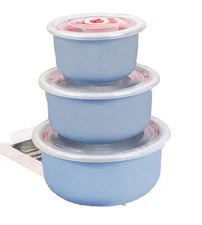 Wheat Straw Bowl Set of 3 Unbreakable Plastic Dishes Microwave Safe W/ Lids