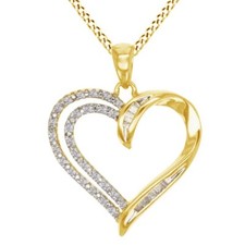Heart Pendant Necklace Round  Baguette Natural Diamond 10K Yellow Gold 1/8 Ct