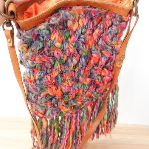 90s VINTAGE Lucky Brand Bag Western Whimsy Knit Braided Wool Fringe Hobo Tassel - Picture 17 of 21