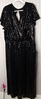 Lane Bryant Womens SEQUIN JUMPSUIT 22 24 Black V-Neck Pockets V-Neck FORMAL NEW