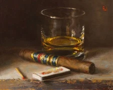 Still Life Cigar Glass of Whiskey Original Art Print Realism 8"x10" | Alexei Pal