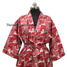 Indian Red Floral Women's Sleepwear Bath Robes Kimono One Size Dressing Kimonos