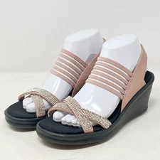 Skechers Womens 31587 Rumblers Solar Burst Pink Blush Wedge Rhinestone Size 8.5