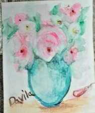 ORIGINAL "PINK ROSES" IMPRESSIONISTIC WATERCOLOR PAINTING BY DAVILA, 4 3/4 X 6"