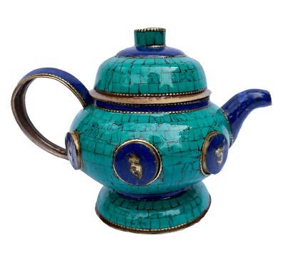 Tibetan Turquoise Lapis Stone Tea Pot Kettle Water Copper Vessel Buddhist Nepal