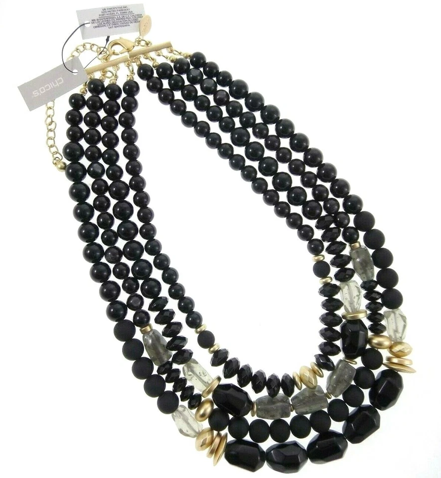 Collar 23-27" Chico's Amelia Simulado-Jet Cuentas Facetado Negro Multi-Hebra