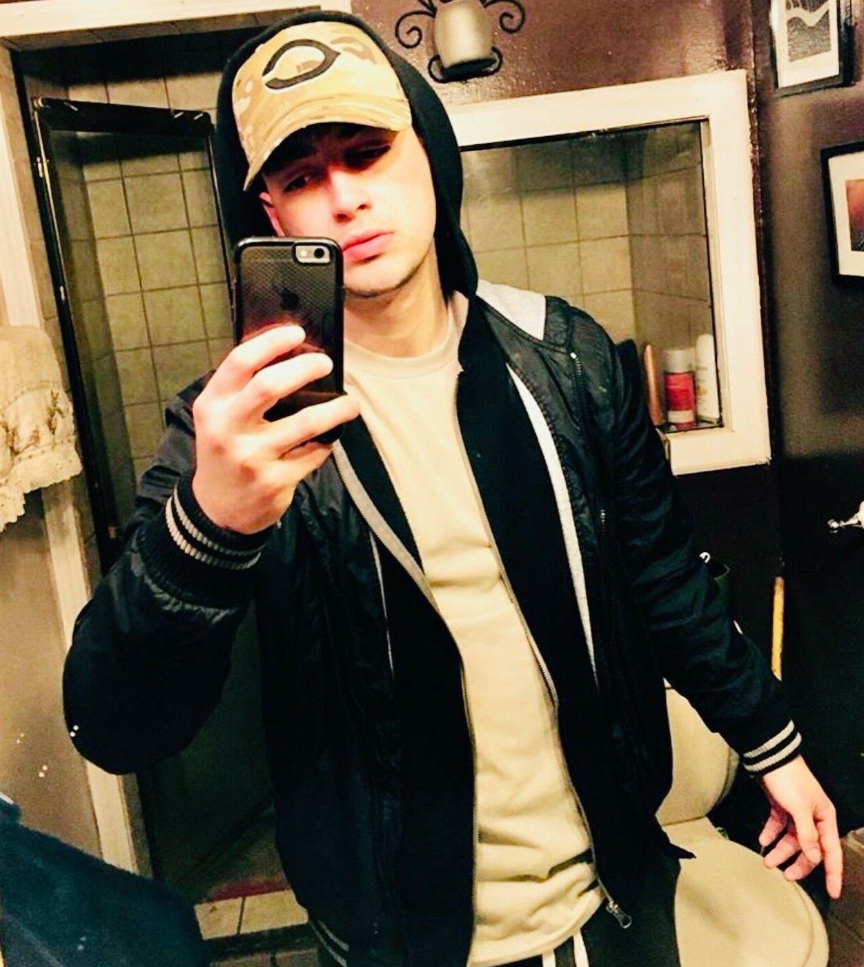 H&M Black Gray Nylon Hooded Baseball Jacket Medium Glanz