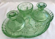 Green glass vanity set - Sowerby Butterfly No. 2552: tray, 2 candlestick & dish
