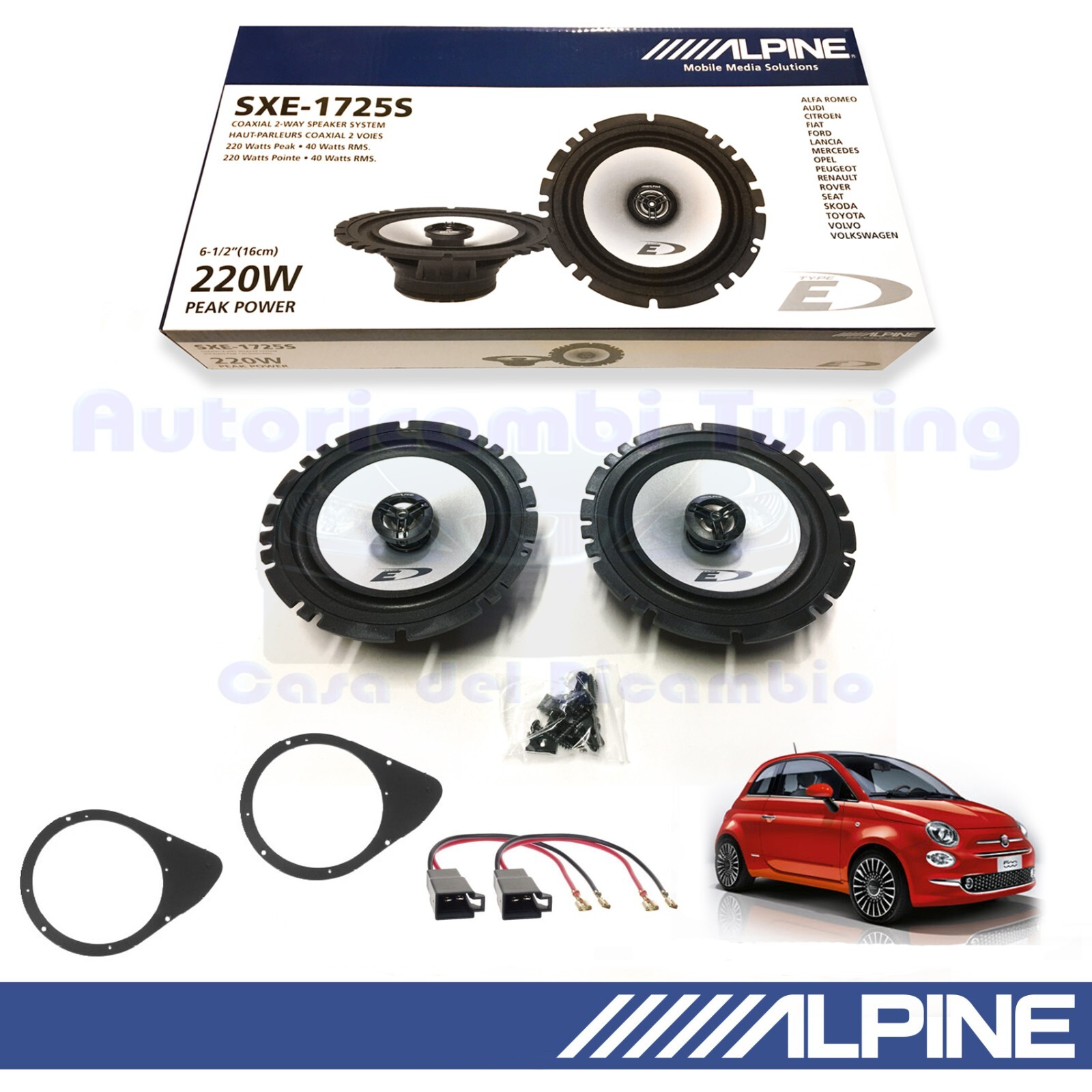 Kit Casse Alpine SXE-1725S Fiat 500 2008+ | 220W Peak Audio