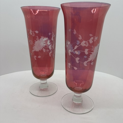 #ad Vintage Pair Pink Cranberry Glass Etched Flowers Hurricane Vase w Pedestal 10quot; $55.00