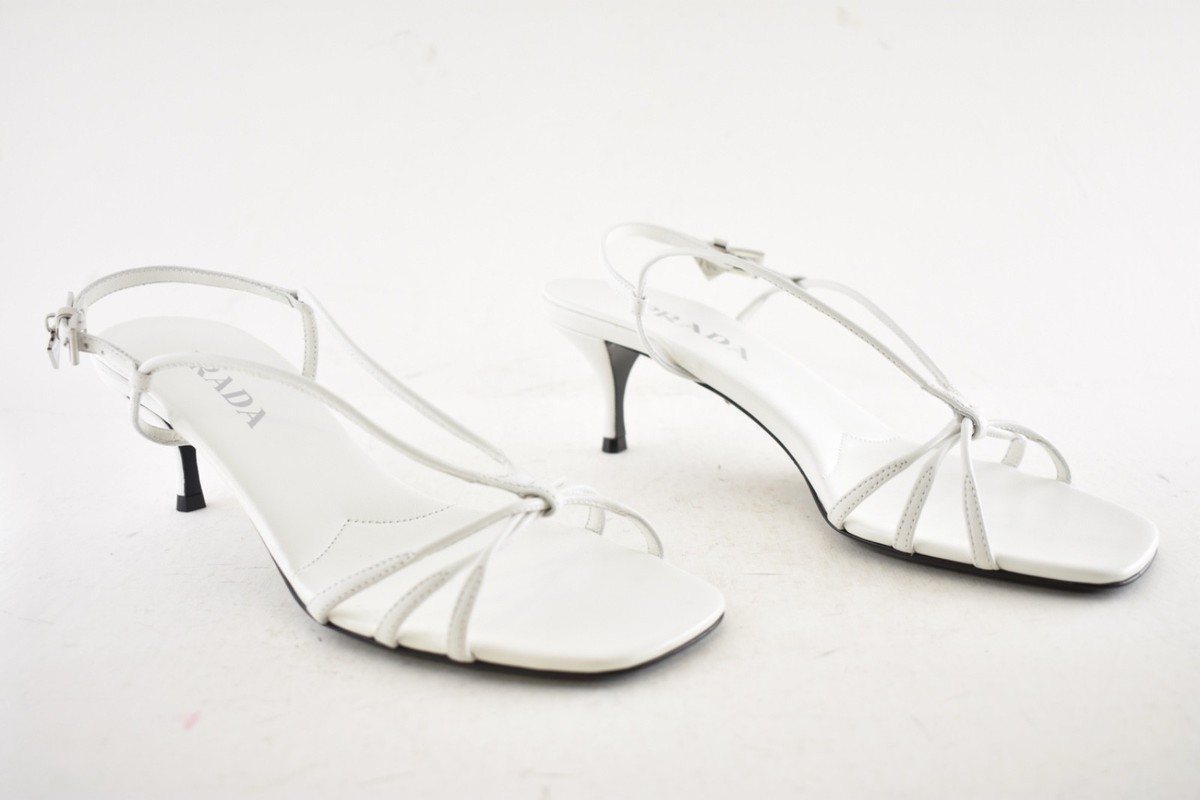prada tobacco capretto sandals Prada Capretto Strappy 55mm White Leather Slingback Sandal Mule Kitten Heel  37.5