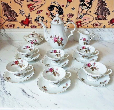 Vintage Royal Sealy Japan 17-pc old rose pattern tea set service for 6