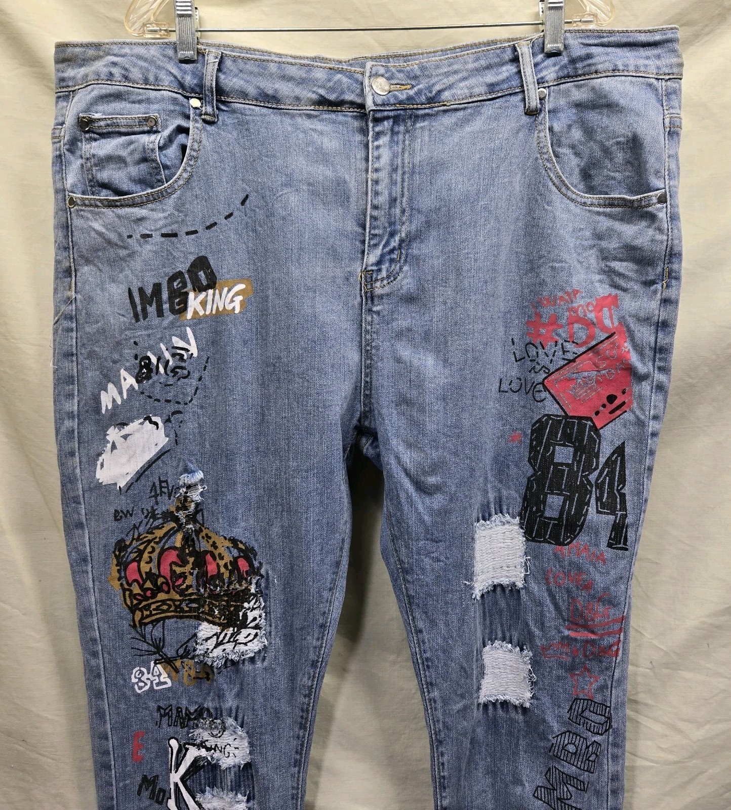 Y2k Pants Women Size 44 Graphic Prints All Over Graffiti Distressed Skinny Jeans