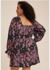 Maurices Plisse Black Floral Sweetheart Babydoll Mini Dress 3X Long Sleeve Boho