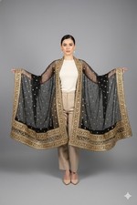 Sanskriti Vintage Black Net Dupatta Long Stole Hand Beaded Dabka Head Scarves
