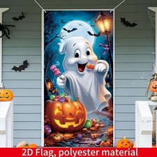 Halloween Happy Ghost Eating Candy from Pumpkin Door Banner 71"L x 35"W