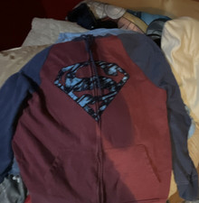 Superman Boys Full Zip Hoodie Burgundy Blue Graphic Print Long Sleeve