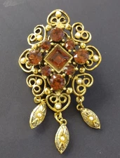 Vintage Victorian Revival Florenza Style Brooch Unsigned Amber Stones Gold Tone