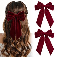 2 PCS Red Velvet Bows Hair Clip Ribbon Accessories Women Girls Toddler Teens