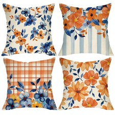 Blue Orange Flowers Decorative Throw Pillow Covers 18 x 18 Set of 4, Floral P...