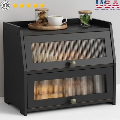 Wooden Bread Box W/ Door Roll Up Design Bamboo Storage Container Kitchen New