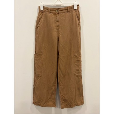 Next Petite Wide Leg Cargo Pants US 8P Brown Tencel Linen Trouser