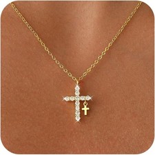 Gold Cross Necklace for Women Dainty 14K Gold Plated Diamond Cross Pendant Neckl
