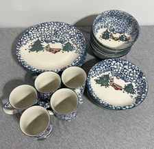 Tienshan Folk Craft Cabin Snow Blue Speckle Dinnerware Set Plates Bowls Mugs