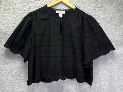 Caroline Constas Black Eyelet Embroidered Cotton Top Keyhole Scalloped Hem L